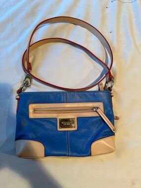 Tignanello Blue Leather Shoulder Bag with Cream Trim and Red Edging